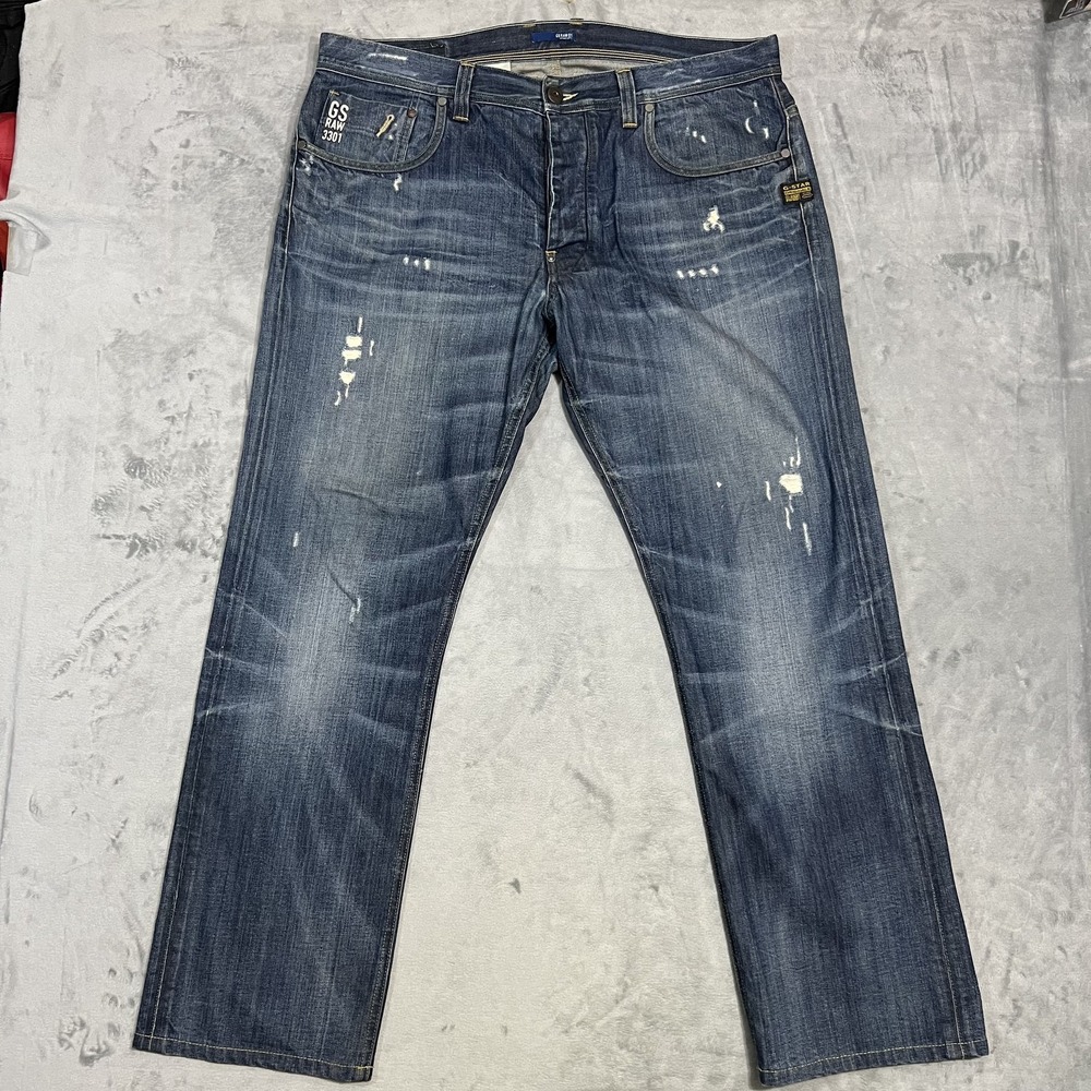 G-Star RAW 3301 Jeans Mens 38x31 Distressed Denim Straight Leg Italy Hemmed‎